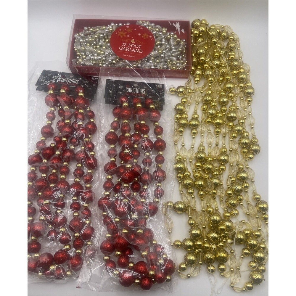 Christmas/Decorative Strands Of Gold Red Assorted Acrylic Beaded Garland 42 FEET